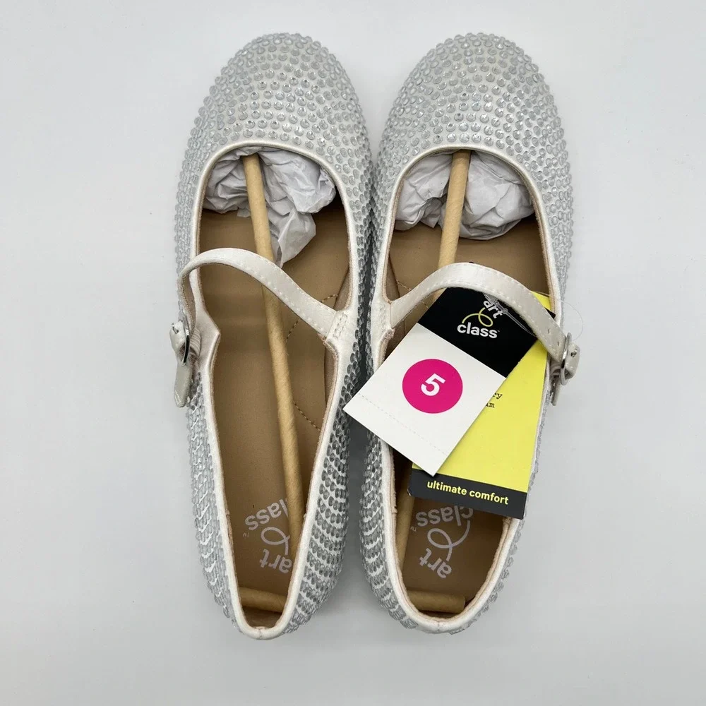 Art Class Nell Rhinestone Mary Jane Flats Off White Satin Kids Size 5 NWT